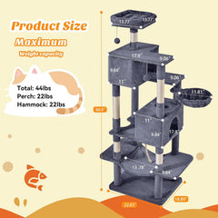 MyDepot 66 Inch Cat Tree Tower, Multi Level Cat Climbing Tower with Natural Sisal Scratching Posts, Hammock, Pet Condo for Indoor Cats and Kittens Play