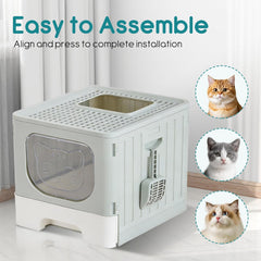MyDepot Cat Litter Box with Lid, Large Foldable Cat Box with Litter Scoop, Front Entry Top Exit Kitty Litter Box with Door, Easy Cleaning Drawer Design Odor Control