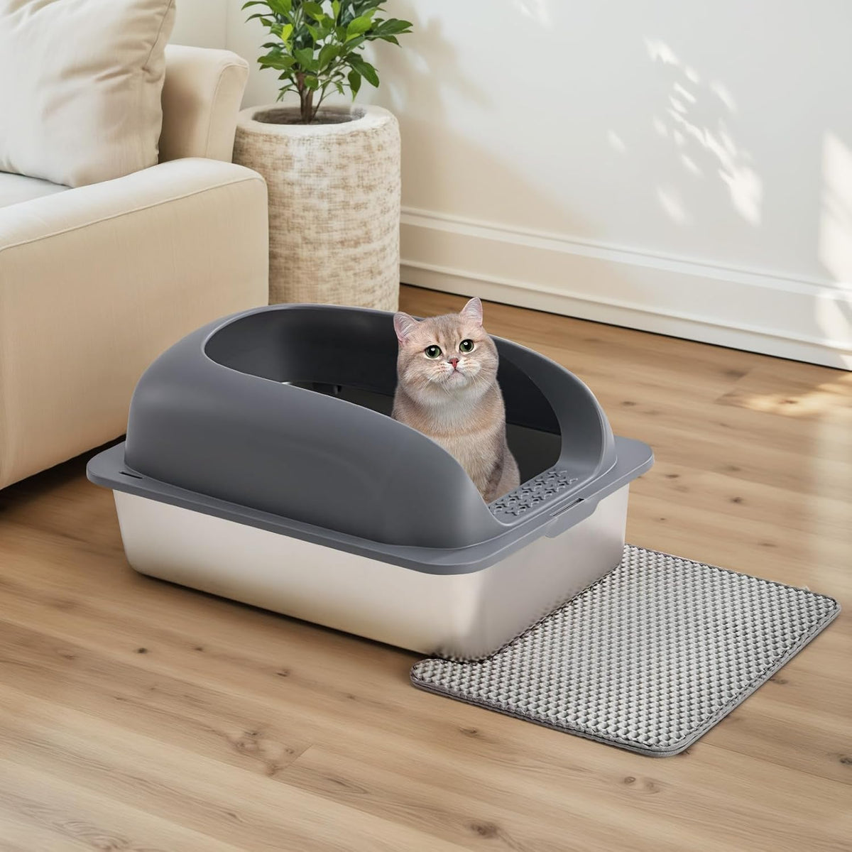 MyDepot Stainless Steel Litter Box with Lid, Metal Litter Box with Cat Litter Mat,Extra Large Enclosed Cat Litter Boxes for Multiple Cats, Anti-Leakage,Non-Stick, Easy to Clean, Included Mat, Scoop