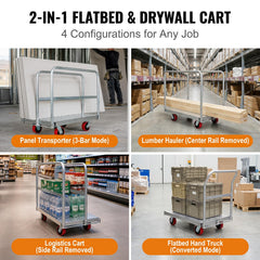 My Depot 2-in-1 Steel Panel Truck Cart 2500 lbs, Heavy-Duty Flatbed Cart Drywall Dolly w/5 inch Swivel Casters, 36x24'' Platform Truck Lumber Cart w/3 Side Handrails for Factory, Warehouse, Garage