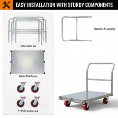 My Depot 2-in-1 Steel Panel Truck Cart 2500 lbs, Heavy-Duty Flatbed Cart Drywall Dolly w/5 inch Swivel Casters, 36x24'' Platform Truck Lumber Cart w/3 Side Handrails for Factory, Warehouse, Garage