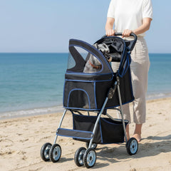 MyDepot 4 Wheels Pet Stroller for Small Dogs and Cats – Foldable Dog Stroller with Mesh Windows, Storage Basket & Cup Holder, Lightweight & Durable Pet Carrier for Travel, Outdoor Use
