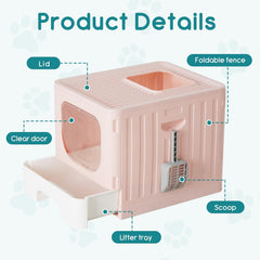 MyDepot Cat Litter Box with Lid, Large Foldable Cat Box with Litter Scoop, Front Entry Top Exit Kitty Litter Box with Door, Easy Cleaning Drawer Design Odor Control