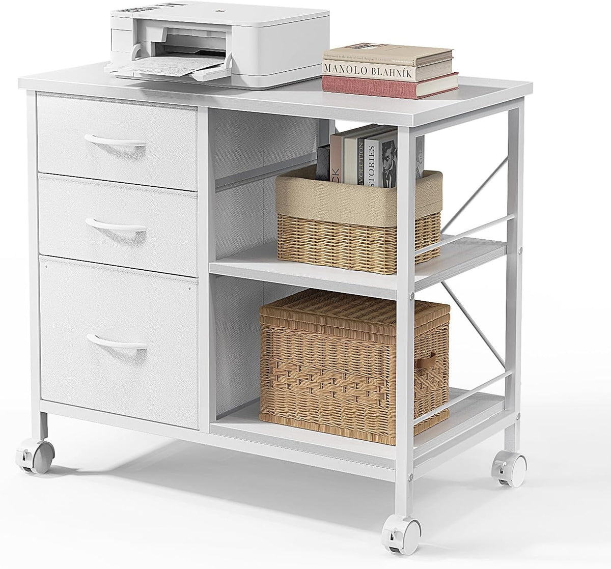 Mydepot 3-Tier Mobile File Cabinet, Printer Stand with Storage, Office Table with Drawers and Back Support Bar, Holds 110lb for Home Office