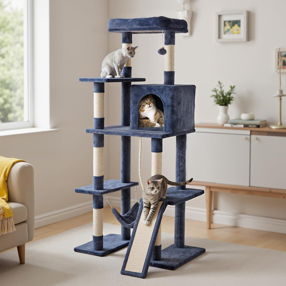 MyDepot 63 inch Cat Tree Tower, Large Multi Level Cat Climbing Tower with Condo, Natural Sisal Scratching Posts, Extended Platform, Hammock, Pet House for Indoor Cats and Kittens Play