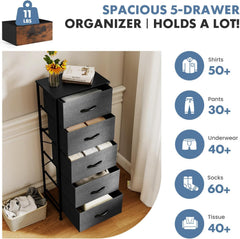MyDepot Nightstand with 5 Drawers Bedside Table with Removable Fabric Bins Sturdy Steel Frame Wood Top Organizer Furniture for Bedroom Closet Living Room