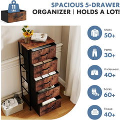 MyDepot Nightstand with 5 Drawers Bedside Table with Removable Fabric Bins Sturdy Steel Frame Wood Top Organizer Furniture for Bedroom Closet Living Room