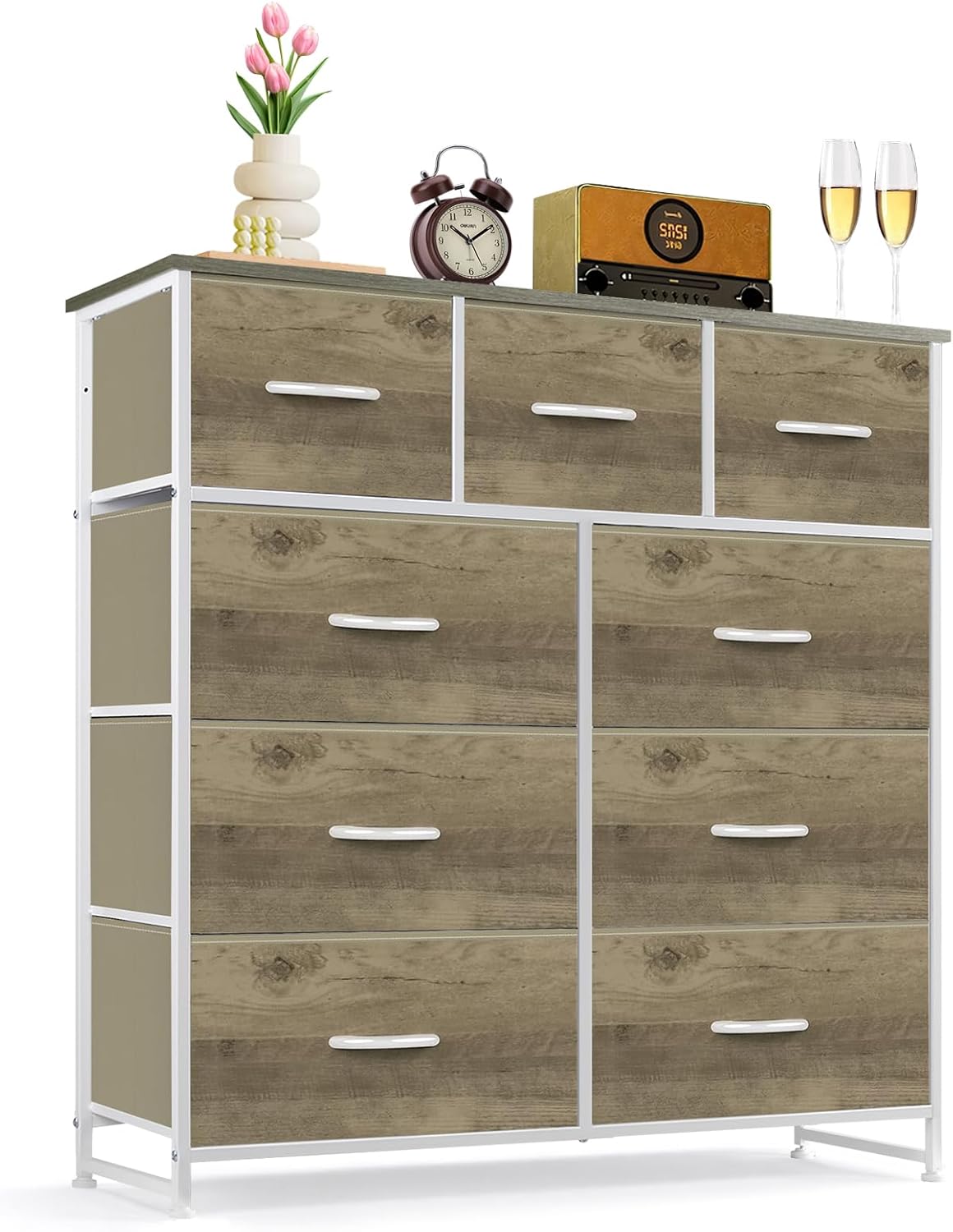 MyDepot 9 Drawer Dresser for Bedroom, Fabric Storage Organizer with Sturdy Metal Frame, Wooden Top Chest of Drawers for Closet Entryway Guest Room