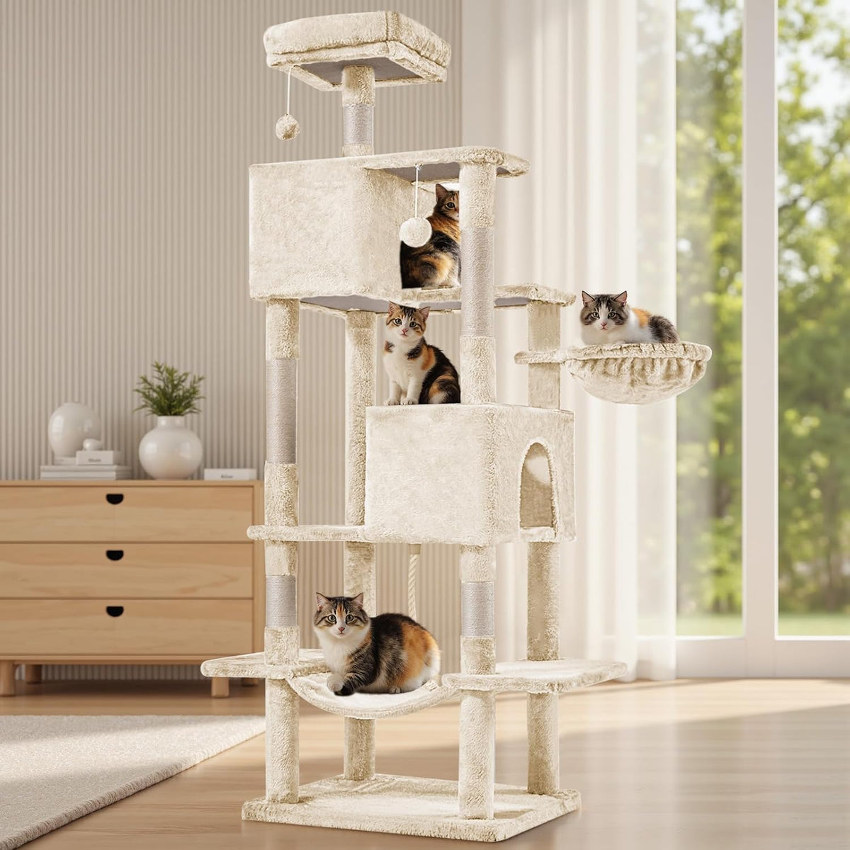 MyDepot 66 Inch Cat Tree Tower, Multi Level Cat Climbing Tower with Natural Sisal Scratching Posts, Hammock, Pet Condo for Indoor Cats and Kittens Play