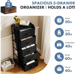 MyDepot Nightstand with 5 Drawers Bedside Table with Removable Fabric Bins Sturdy Steel Frame Wood Top Organizer Furniture for Bedroom Closet Living Room