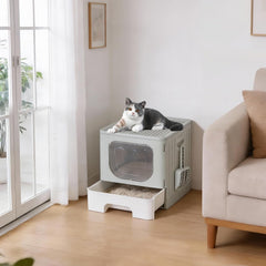 MyDepot Cat Litter Box with Lid, Large Foldable Cat Box with Litter Scoop, Front Entry Top Exit Kitty Litter Box with Door, Easy Cleaning Drawer Design Odor Control