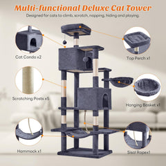 MyDepot 66 Inch Cat Tree Tower, Multi Level Cat Climbing Tower with Natural Sisal Scratching Posts, Hammock, Pet Condo for Indoor Cats and Kittens Play