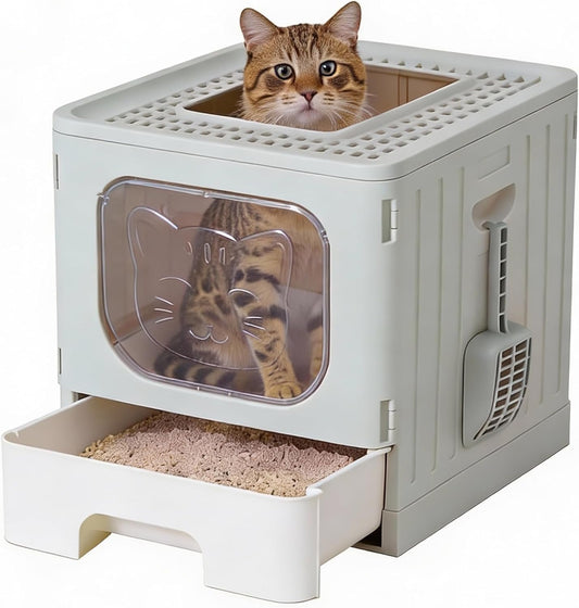 MyDepot Cat Litter Box with Lid, Large Foldable Cat Box with Litter Scoop, Front Entry Top Exit Kitty Litter Box with Door, Easy Cleaning Drawer Design Odor Control