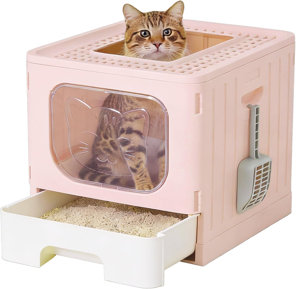 MyDepot Cat Litter Box with Lid, Large Foldable Cat Box with Litter Scoop, Front Entry Top Exit Kitty Litter Box with Door, Easy Cleaning Drawer Design Odor Control