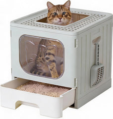 MyDepot Cat Litter Box with Lid, Large Foldable Cat Box with Litter Scoop, Front Entry Top Exit Kitty Litter Box with Door, Easy Cleaning Drawer Design Odor Control