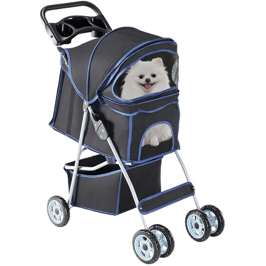 MyDepot 4 Wheels Pet Stroller for Small Dogs and Cats – Foldable Dog Stroller with Mesh Windows, Storage Basket & Cup Holder, Lightweight & Durable Pet Carrier for Travel, Outdoor Use
