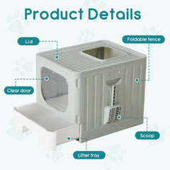 MyDepot Cat Litter Box with Lid, Large Foldable Cat Box with Litter Scoop, Front Entry Top Exit Kitty Litter Box with Door, Easy Cleaning Drawer Design Odor Control
