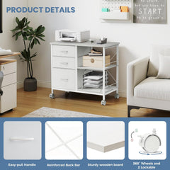 Mydepot 3-Tier Mobile File Cabinet, Printer Stand with Storage, Office Table with Drawers and Back Support Bar, Holds 110lb for Home Office