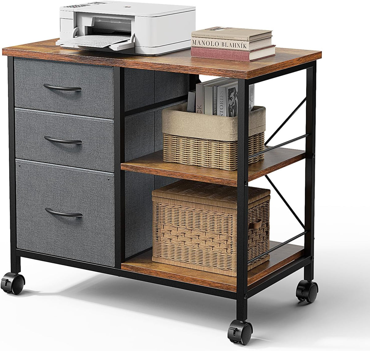 Mydepot 3-Tier Mobile File Cabinet, Printer Stand with Storage, Office Table with Drawers and Back Support Bar, Holds 110lb for Home Office