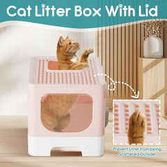 MyDepot Cat Litter Box with Lid, Large Foldable Cat Box with Litter Scoop, Front Entry Top Exit Kitty Litter Box with Door, Easy Cleaning Drawer Design Odor Control