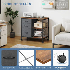 Mydepot 3-Tier Mobile File Cabinet, Printer Stand with Storage, Office Table with Drawers and Back Support Bar, Holds 110lb for Home Office