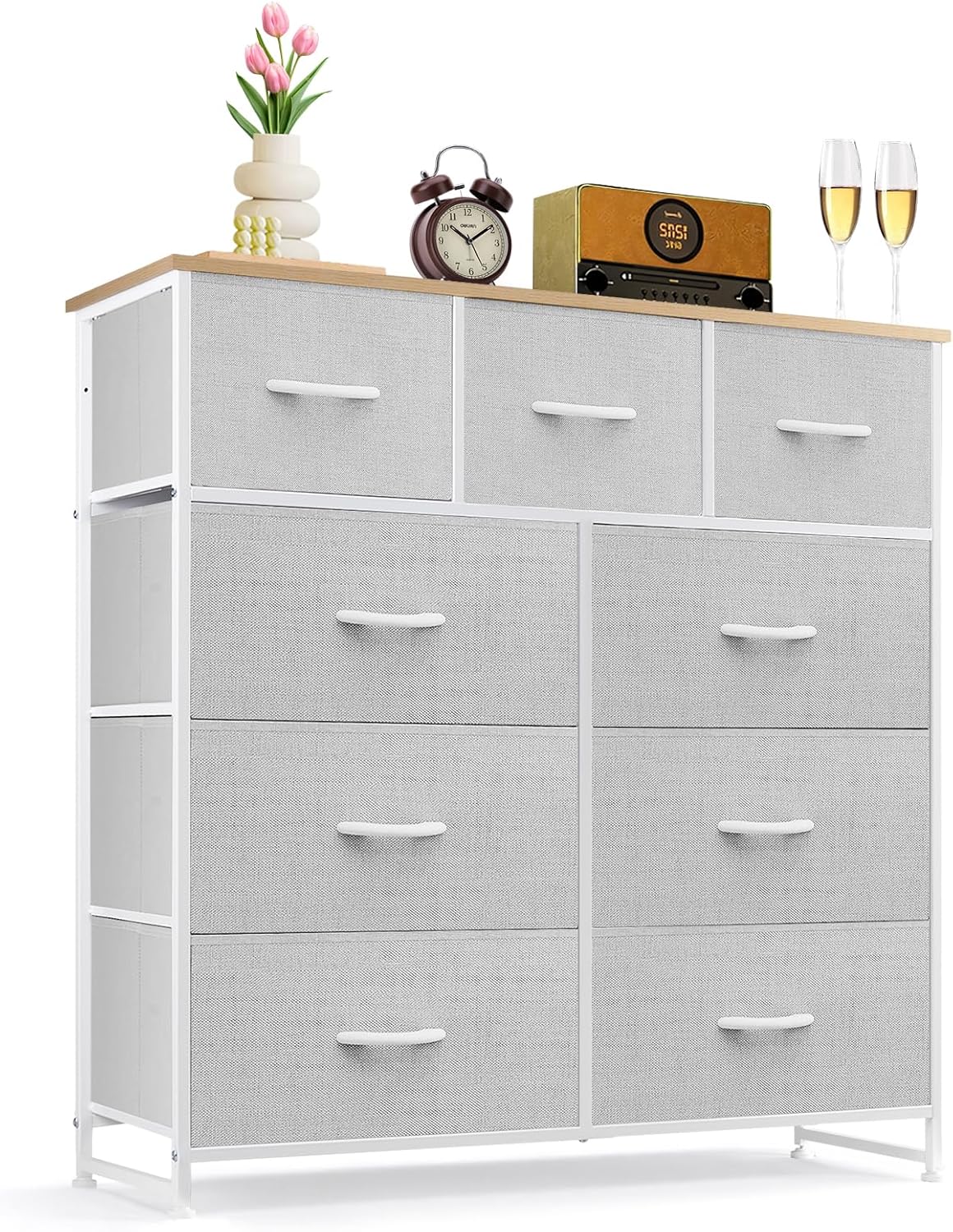 MyDepot 9 Drawer Dresser for Bedroom, Fabric Storage Organizer with Sturdy Metal Frame, Wooden Top Chest of Drawers for Closet Entryway Guest Room