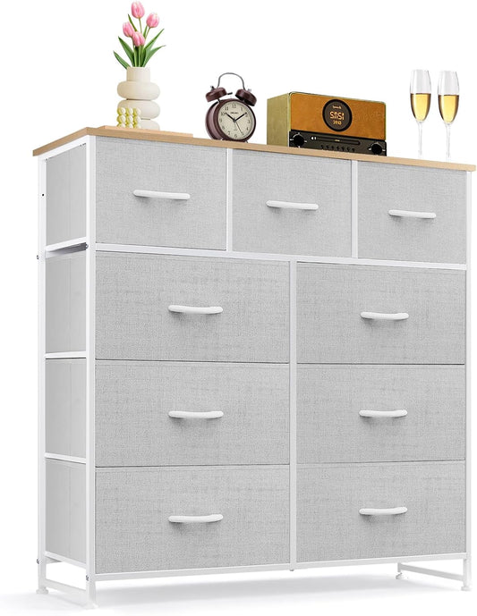 MyDepot 9 Drawer Dresser for Bedroom, Fabric Storage Organizer with Sturdy Metal Frame, Wooden Top Chest of Drawers for Closet Entryway Guest Room
