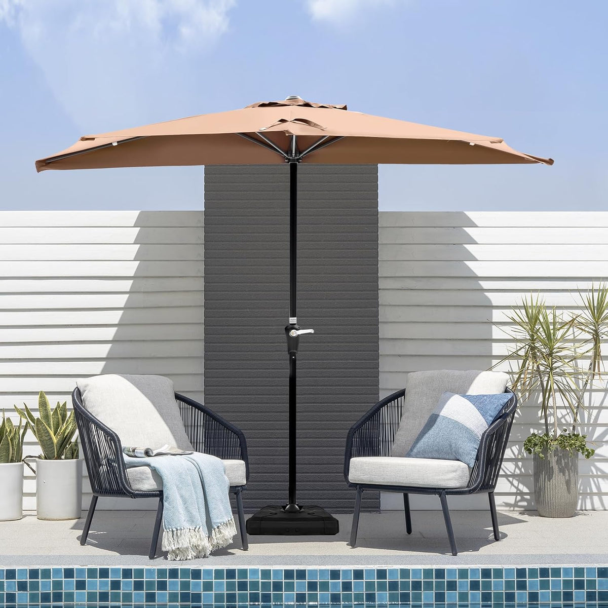 MyDepot Half Umbrella Outdoor Patio，9FT scalloped Patio Umbrella with Easy Crank, Sun Half Patio Umbrella for Patio, Market, Garden, Balcony