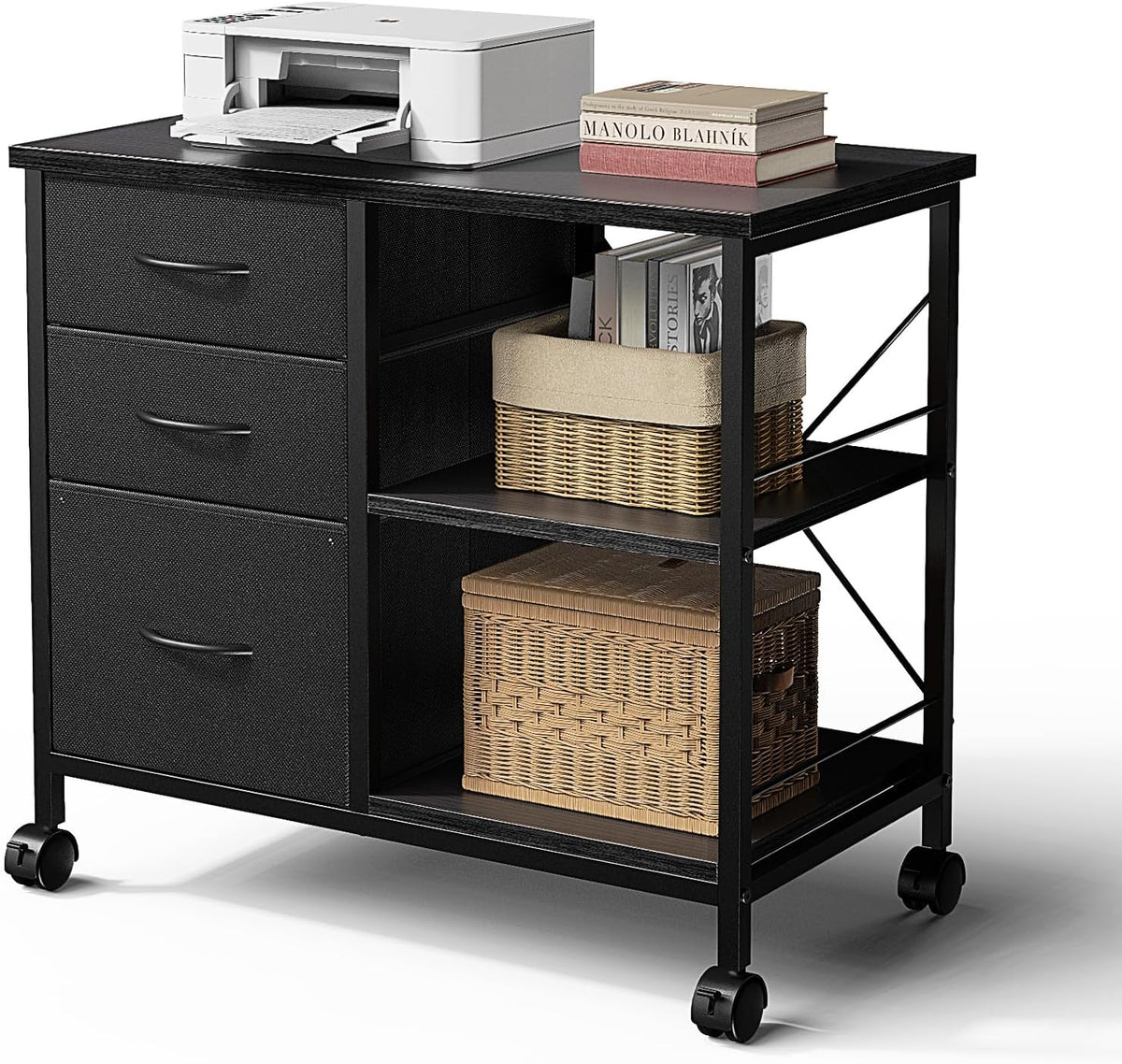 Mydepot 3-Tier Mobile File Cabinet, Printer Stand with Storage, Office Table with Drawers and Back Support Bar, Holds 110lb for Home Office