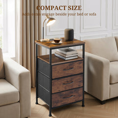 MyDepot Nightstand with Charging Station, Bedside Table with USB Ports, AC Outlets & Fabric Drawers, Modern End Table with Open Storage Shlef for Bedroom, Living Room, Apartment