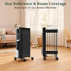 Mydepot Oil Filled Radiator Heater for Indoor Use, Portable Large Room Radiant Space Heater 1500W with 3 Heat Settings Overheat & Tip-Over Protection
