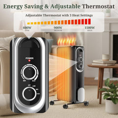 Mydepot Oil Filled Radiator Heater for Indoor Use, Portable Large Room Radiant Space Heater 1500W with 3 Heat Settings Overheat & Tip-Over Protection