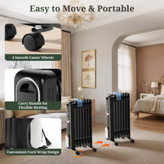 Mydepot Oil Filled Radiator Heater for Indoor Use, Portable Large Room Radiant Space Heater 1500W with 3 Heat Settings Overheat & Tip-Over Protection