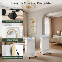 Mydepot Oil Filled Radiator Heater for Indoor Use, Portable Large Room Radiant Space Heater 1500W with 3 Heat Settings Overheat & Tip-Over Protection