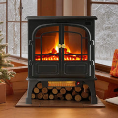 Mydepot Freestanding Electric Fireplace, 26”Two Door Fireplace Heater with 3D Flame Effect, Overheating Safe Design, Energy Saving Space Heater with 12H Timer&Remote for Living Room, Bedroom,Black