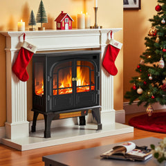 Mydepot Freestanding Electric Fireplace, 26”Two Door Fireplace Heater with 3D Flame Effect, Overheating Safe Design, Energy Saving Space Heater with 12H Timer&Remote for Living Room, Bedroom,Black