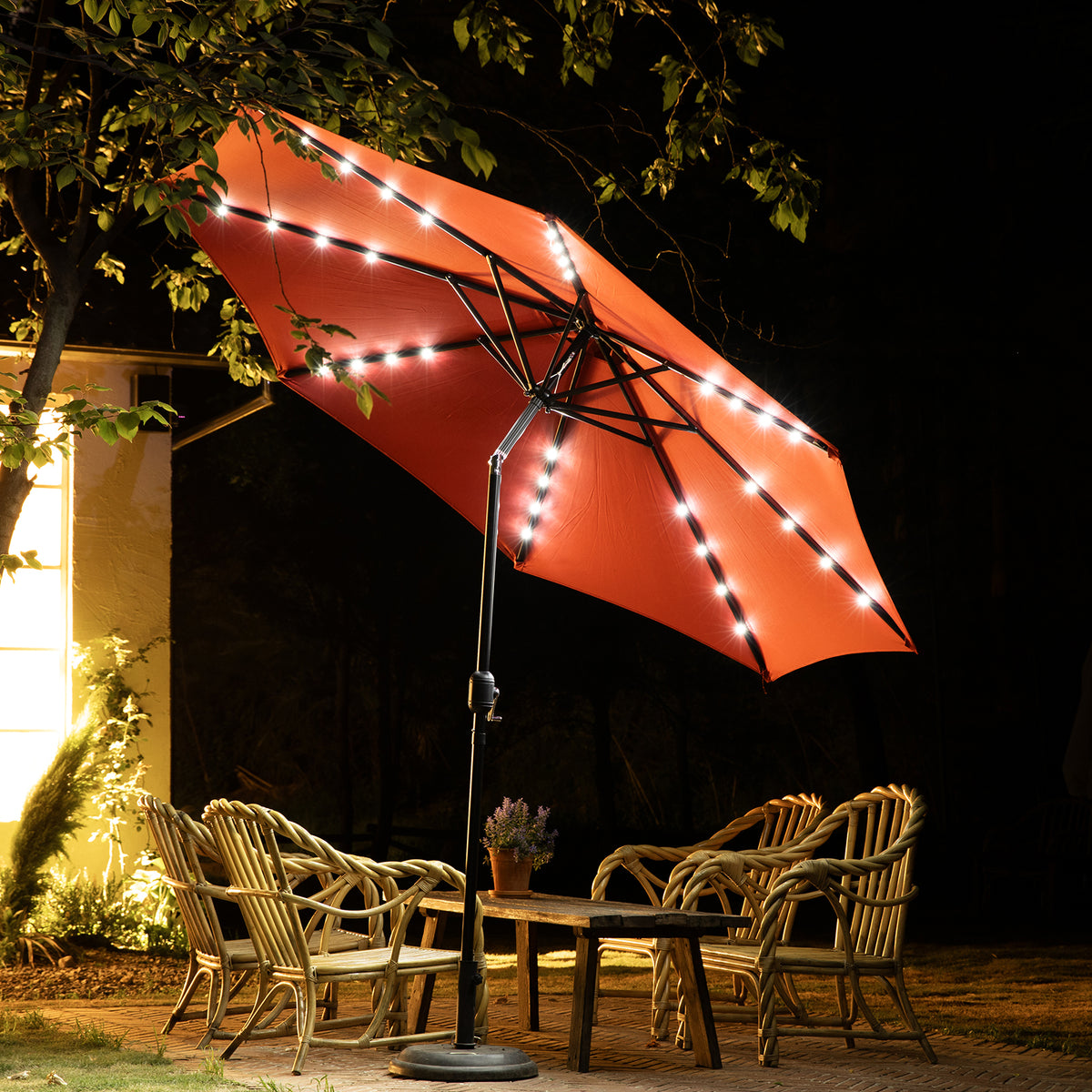 MyDepot Upgrade 10 FT LED Outdoor Patio Deck Umbrella with 32 Solar Lights, Tilt & Crank, UV-Resistant and Waterproof Table Umbrella for Pool, Beach, Market and Restaurant