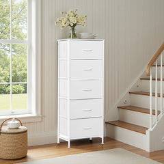 MyDepot Nightstand with 5 Drawers Bedside Table with Removable Fabric Bins Sturdy Steel Frame Wood Top Organizer Furniture for Bedroom Closet Living Room