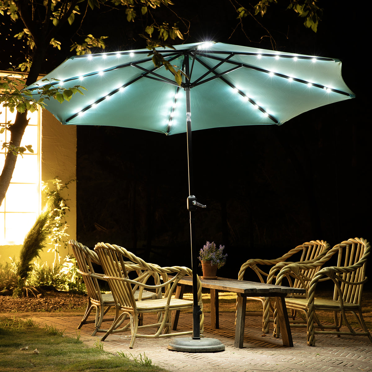 MyDepot Upgrade 10 FT LED Outdoor Patio Deck Umbrella with 32 Solar Lights, Tilt & Crank, UV-Resistant and Waterproof Table Umbrella for Pool, Beach, Market and Restaurant