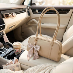Rosvovo Women's Elegant Bow Handbag - Beige Leather-Like Tote Bag for Travel & Daily Use