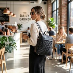 Rosvovo Quilted Mini Backpack Purse for Women, Black Leather-Like Small Travel Bag with Anti-Theft Zipper and Tassel