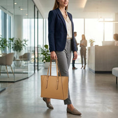 Rosvovo Large Tote Bag for Women, Stylish Leather-like Shoulder Purse with Zipper Closure and Bottom Studs, Tan