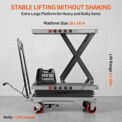 My Depot 400 Lbs Hydraulic Lift Table Cart,Hydraulic Lift Table Cart | 50 in Max Height Scissor Lift, 4 Wheels, Non-Slip Platform, Material Handling Equipment