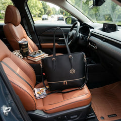 Rosvovo Women's Leather Tote Bag - Classic Black Handbag with Detachable Shoulder Strap & Gold-Tone Hardware