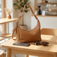 Rosvovo Leather Hobo Bag | Soft Slouchy Shoulder Bag, Brown Leather Shoulder Purse, Top Zip Closure