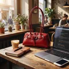 Rosvovo Genuine Leather Slouchy Tote Handbag, Red Shoulder Purse for Women with Adjustable Strap