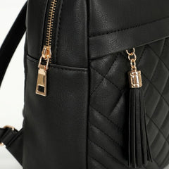 Rosvovo Quilted Mini Backpack Purse for Women, Black Leather-Like Small Travel Bag with Anti-Theft Zipper and Tassel