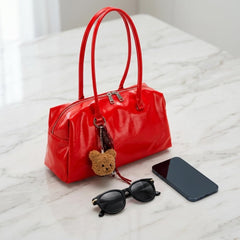 Rosvovo Red Patent Leather Shoulder Bag | Structured Dome Satchel Handbag, Gold Hardware
