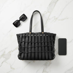 Rosvovo Handmade Genuine Cowhide Woven Bucket Bag | Premium Black Woven Leather Tote, Professional, Daily Use
