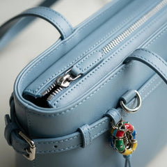 Rosvovo Blue Leather Tote Bag for Women - Elegant Handbag with Decorative Charm & Zipper Closure